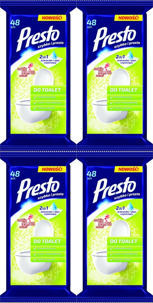 4x Chusteczki do czyszczenia toalet Presto, nawilżone, 48 sztuk