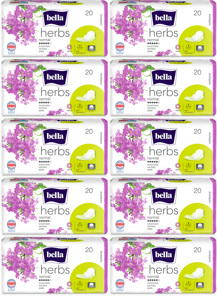 10x Podpaski Bella Herbs Verbena, Normal, ze skrzydełkami, 20 sztuk