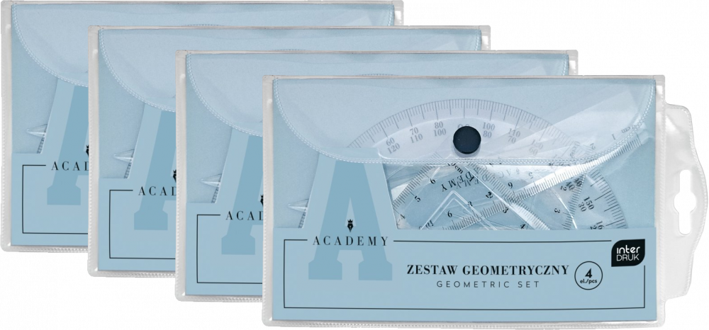 4x Zestaw geometryczny Interdruk Academy, 4 elementy, w etui, przezroczysty