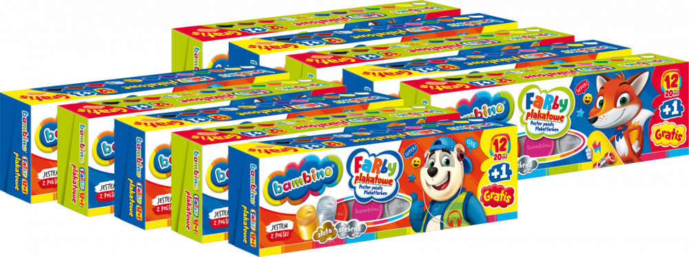 10x Farby plakatowe Bambino Zwierzaki Uczniaki, 20ml, 12 sztuk + cielista Gratis, mix kolorów