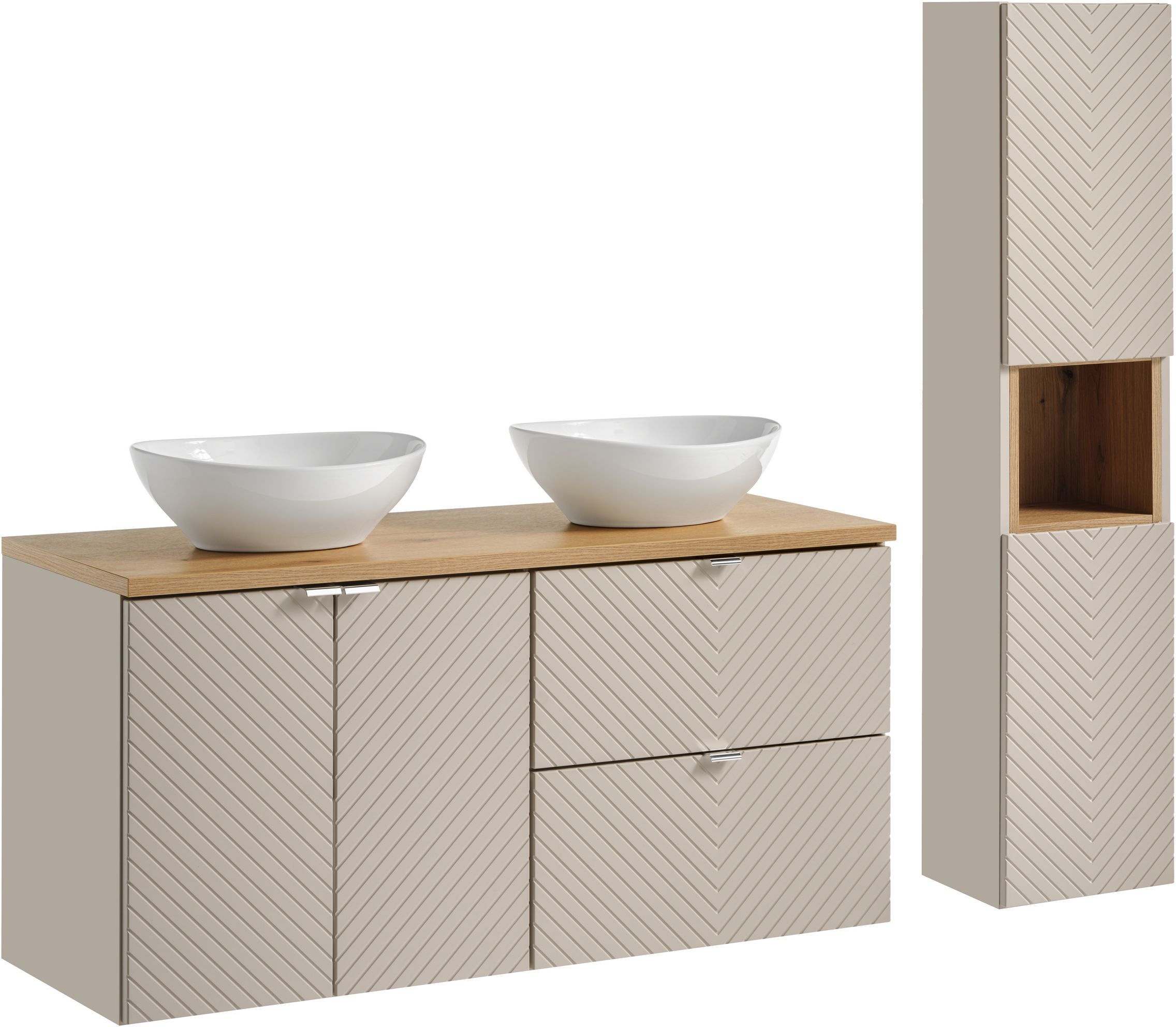 Zestaw Comad Viva Cashmere szafka 120 cm podumywalkowa wisząca kaszmir z blatem, dwiema umywalkami i szafką boczną SET-VIC B OAK 120CM ...