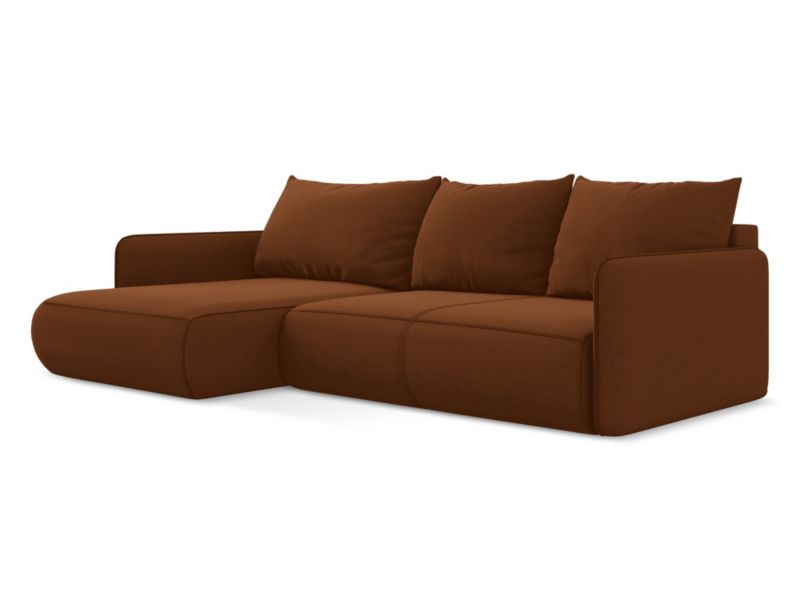 Narożnik lewostronny z funkcją spania Makamii Nanea z tkaniny welwetowej 240x148 cm terakota 1 szt.