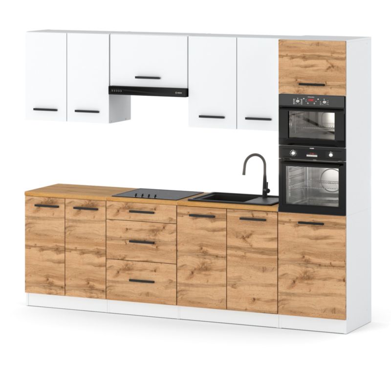 Zestaw Kuchenny Hurtownia-Mebli Z Blatem Kuchnia Marra 260cm Biały Mat Biały Mat/Dąb Wotan 260x47x217 cm 1szt.