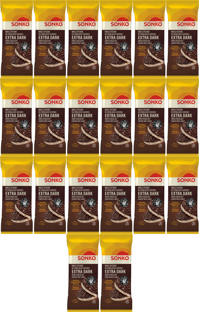 20x Wafle ryżowe Sonko Extra Dark, w czekoladzie gorzkiej, 4 sztuki, 69g