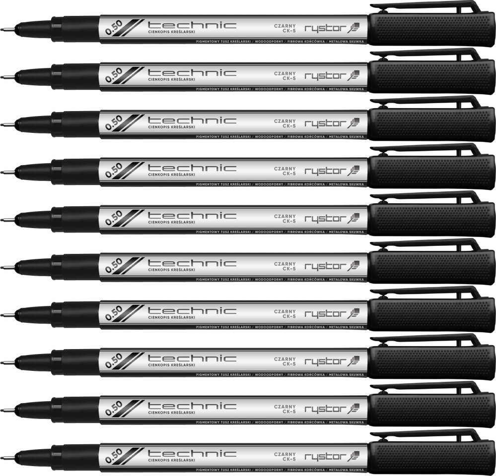 10x Cienkopis kreślarski Rystor Technic, 0.5 mm, czarny