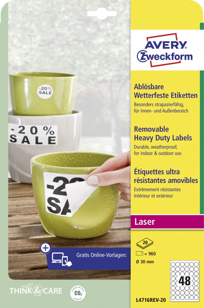 Etykiety poliestrowe Avery Zweckform Heavy Duty, usuwalne, wodoodporne, okrągłe, średnica 30mm, 20 arkuszy, biały