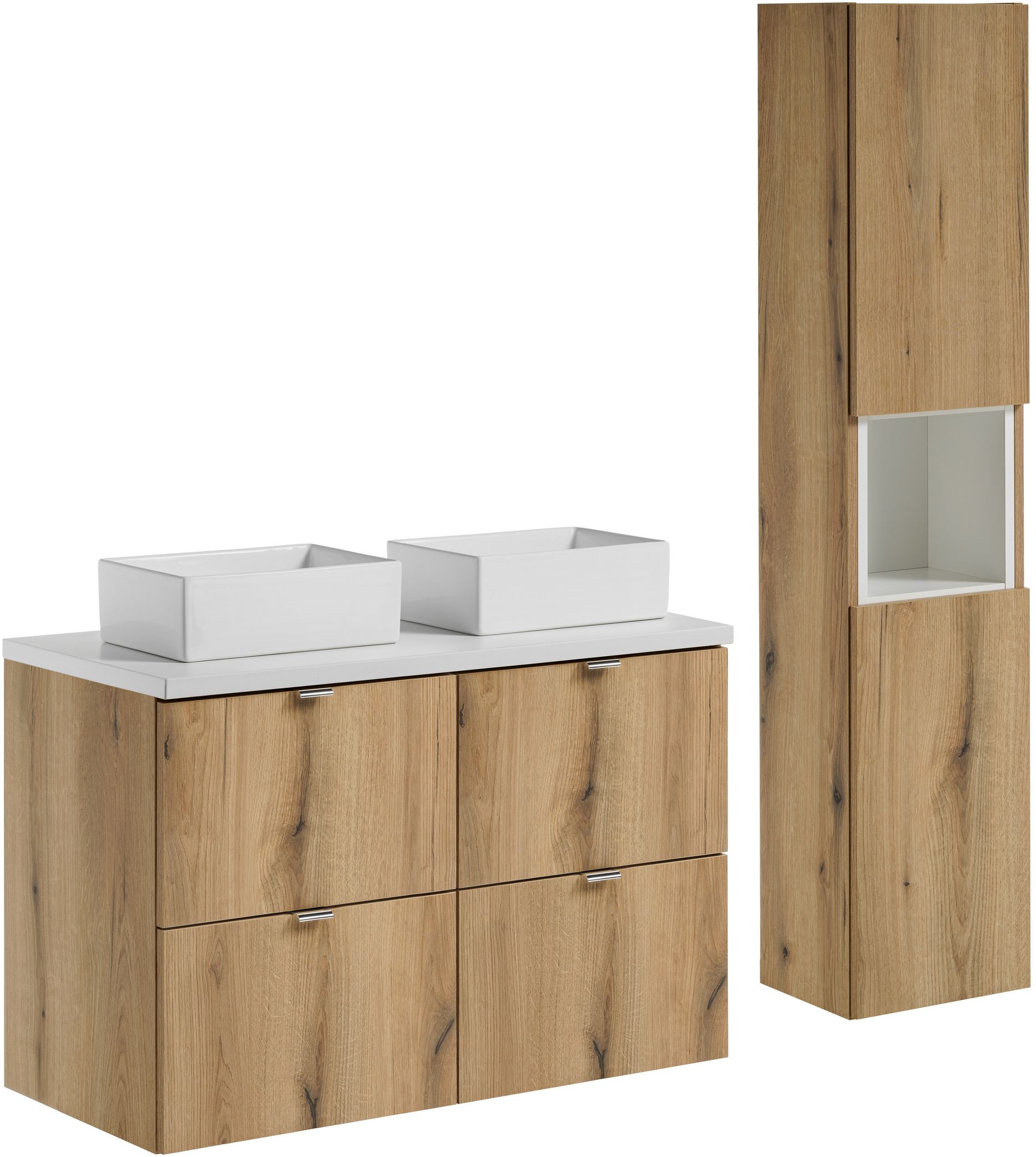 Zestaw Comad Nova Oak szafka podumywalkowa 100 cm dąb z blatem białym, umywalkami i szafką wysoką SET-NOA B WHITE 100CM S UN GAJA SW HC