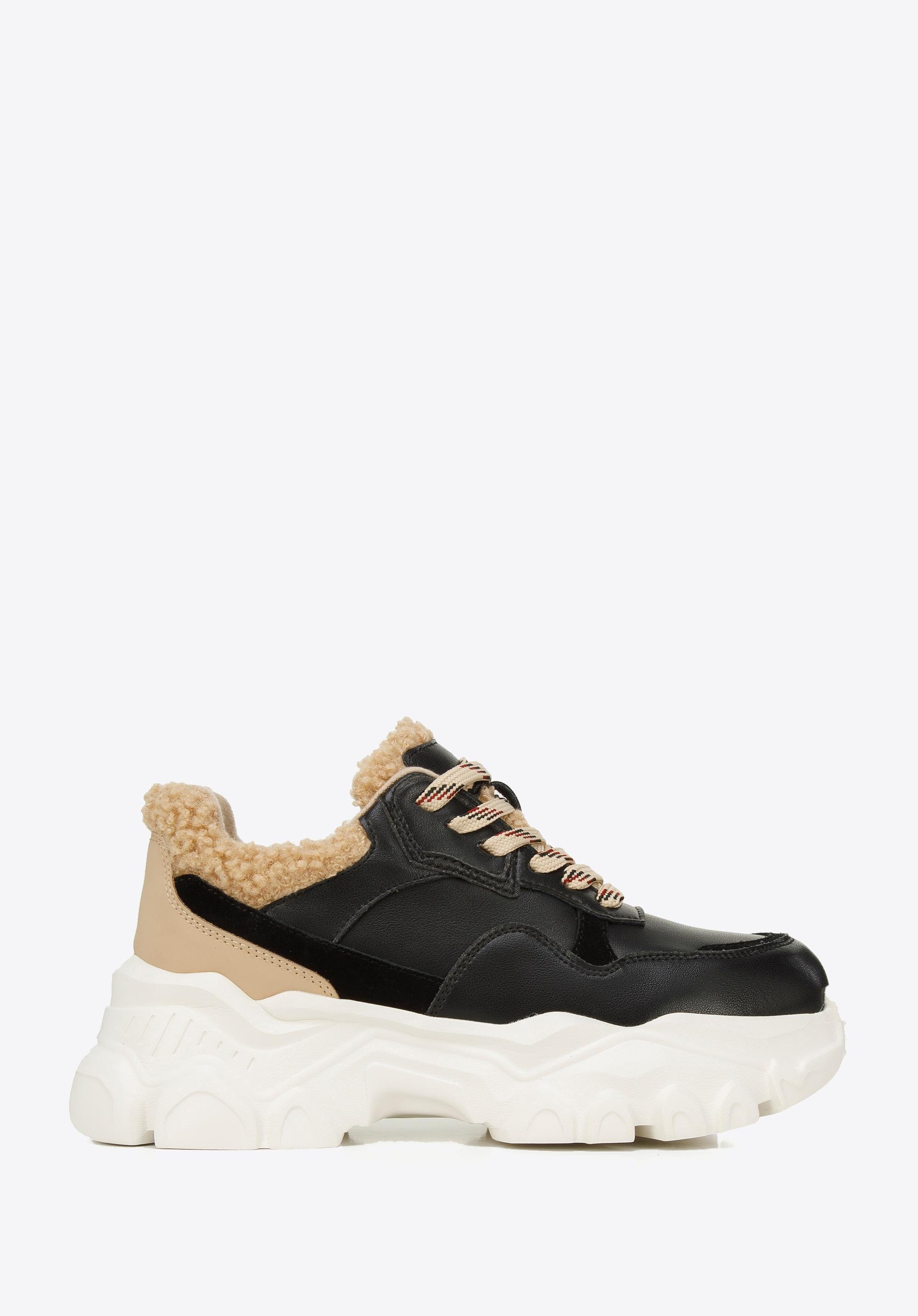 Damskie sneakersy ze sztucznym futrem czarno-beżowe