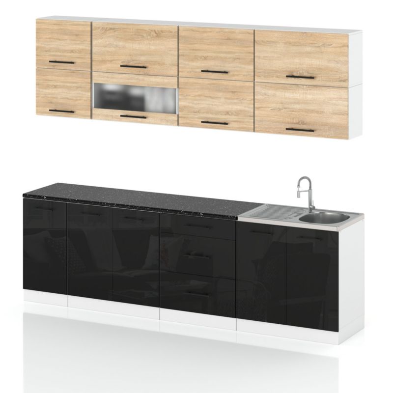 Zestaw Kuchenny Hurtownia-Mebli Z Blatem Kuchnia Robo Lux 260cm Biały Mat Dąb Sonoma/Czarny Połysk 260x52x157 cm 1szt.