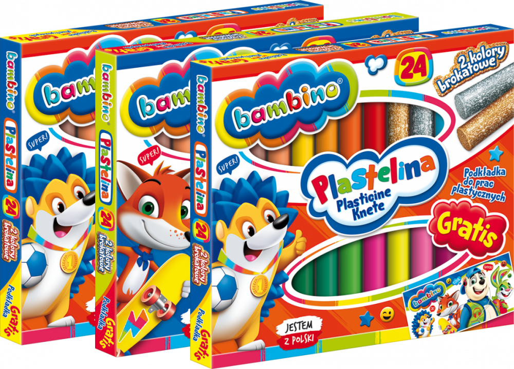 3x Plastelina Bambino Zwierzaki Uczniaki, 360g, 24 kolory + podkładka