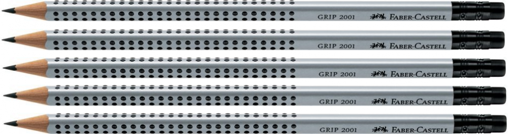 5x ołówek z gumką Faber Castell Grip 2001, HB, srebrno-czarny