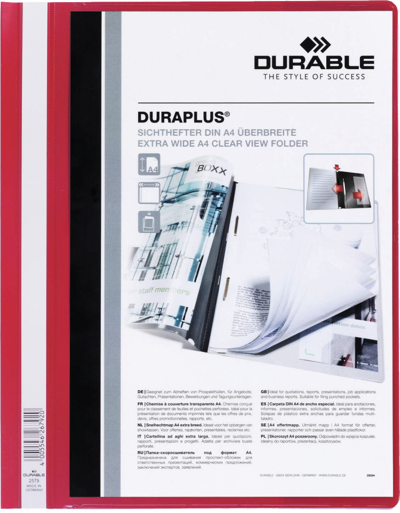 Skoroszyt plastikowy Duraplus Durable, A4, prezentacyjny, czerwony