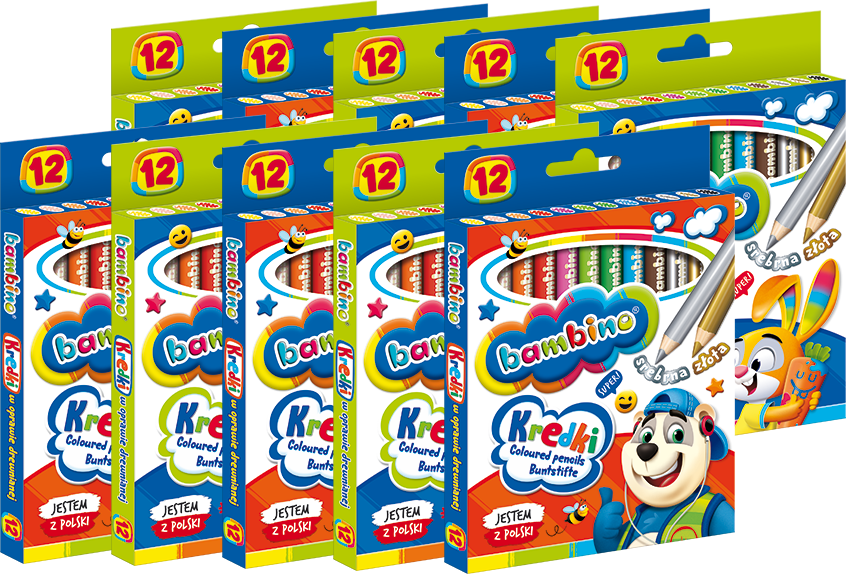 10x Kredki Bambino Zwierzaki Uczniaki, w oprawie drewnianej, 12 sztuk, mix kolorów
