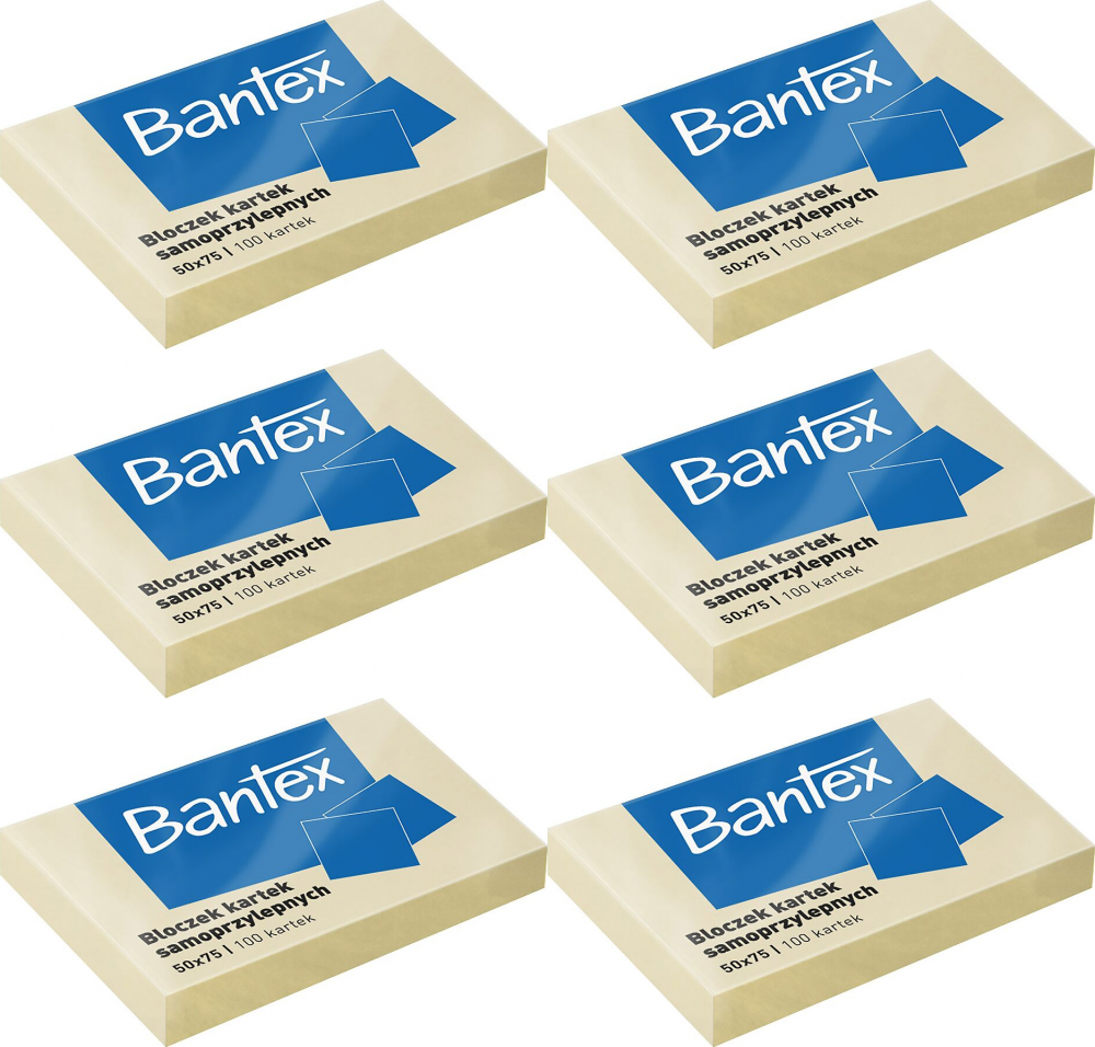 6x Karteczki samoprzylepne Bantex, 50x75mm, 100 karteczek, żółty