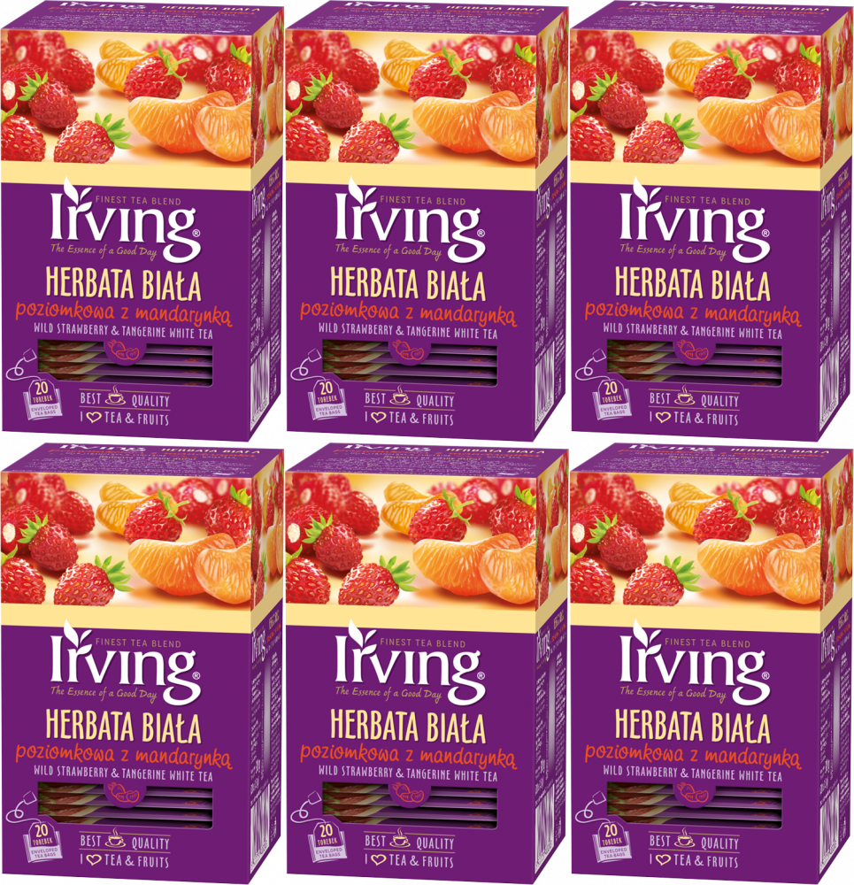 6x Herbata biała smakowa w kopertach Irving, poziomka z mandarynką, 20 sztuk x 1.5g