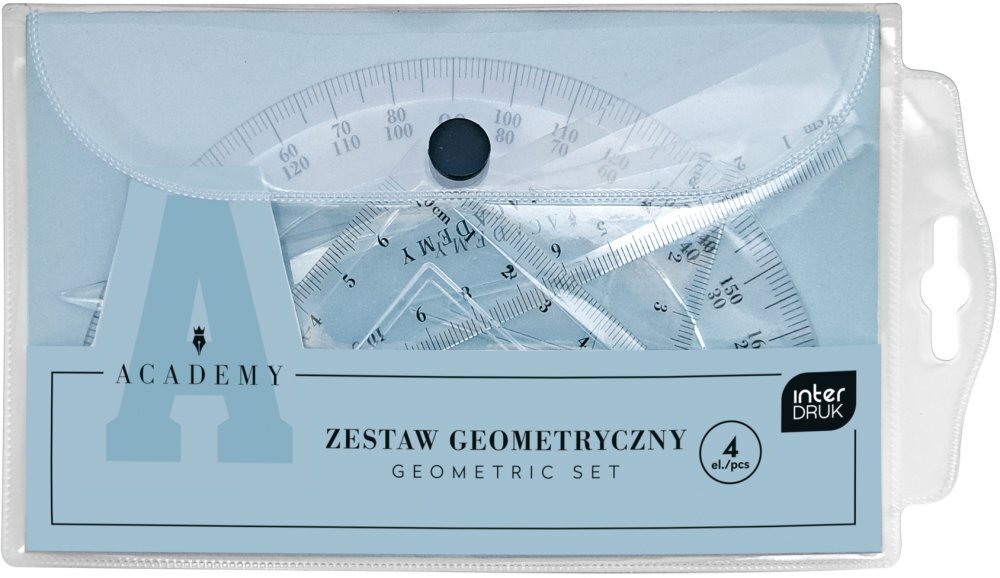 Zestaw geometryczny Interdruk Academy, 4 elementy, w etui, przezroczysty