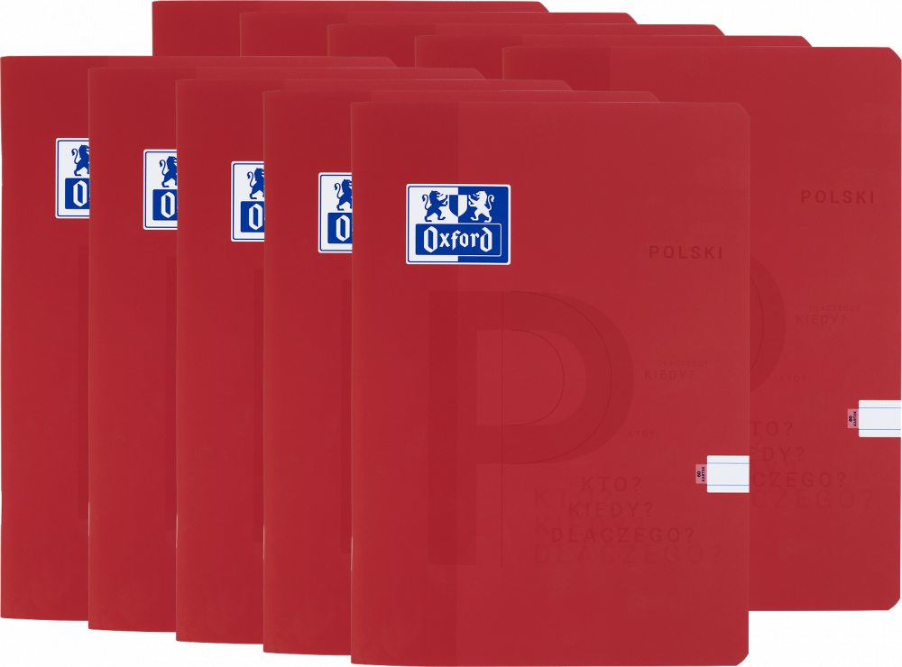 10x Zeszyt przedmiotowy w linie Oxford J. Polski, A5, miękka oprawa, 60 kartek, czerwony