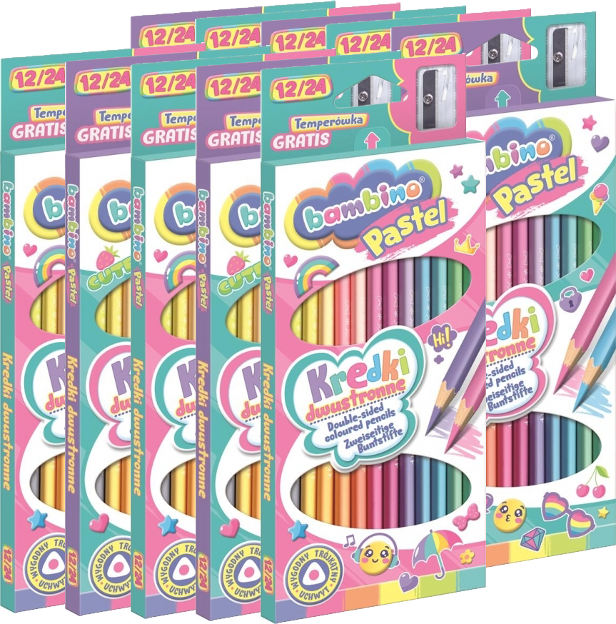 10x Kredki Bambino Pastel, dwustronne, trójkątne, 12 sztuk + temperówka, mix kolorów