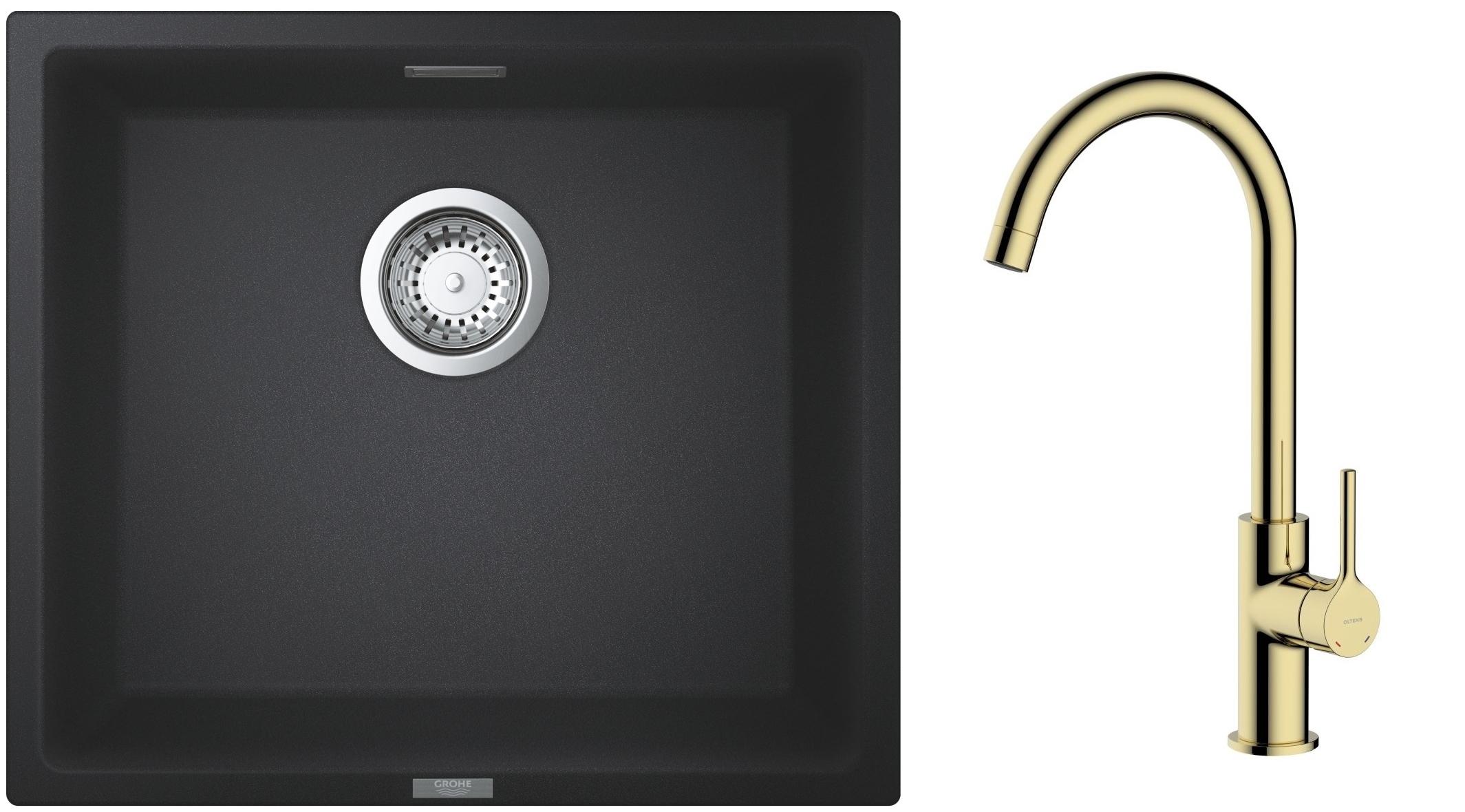 Zestaw Grohe K700 zlewozmywak granitowy 45,7x40,6 cm z baterią kuchenną Oltens Skafta czarny granit/złoty połysk (35206800, 31653AP0)