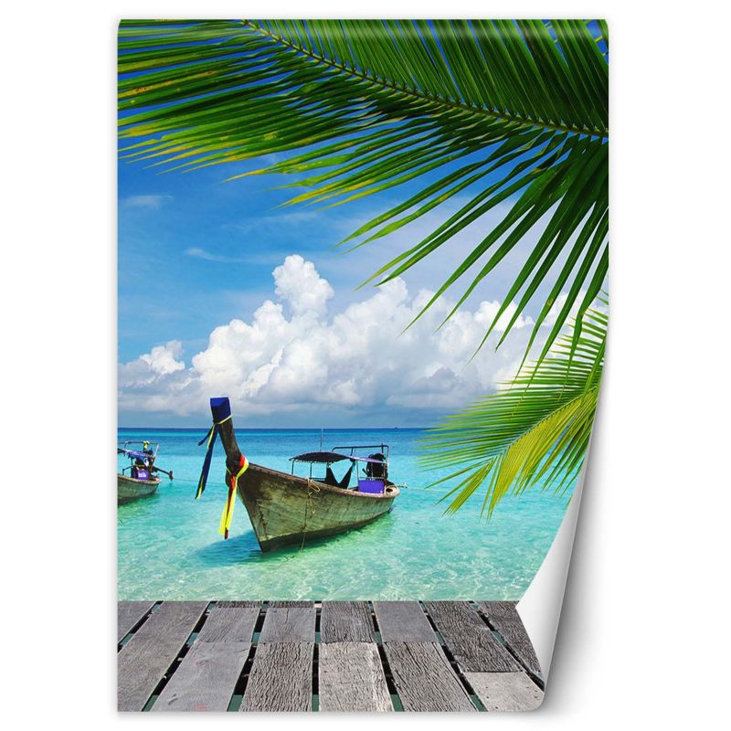 Fototapeta Feeby Łódka tropikalna plaża palmy 100x140 1 szt