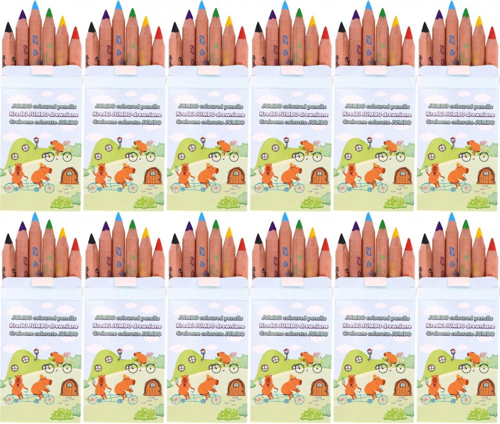 12x Kredki ołówkowe Strigo Jumbo Capybara, 6 sztuk, mix kolorów + temperówka
