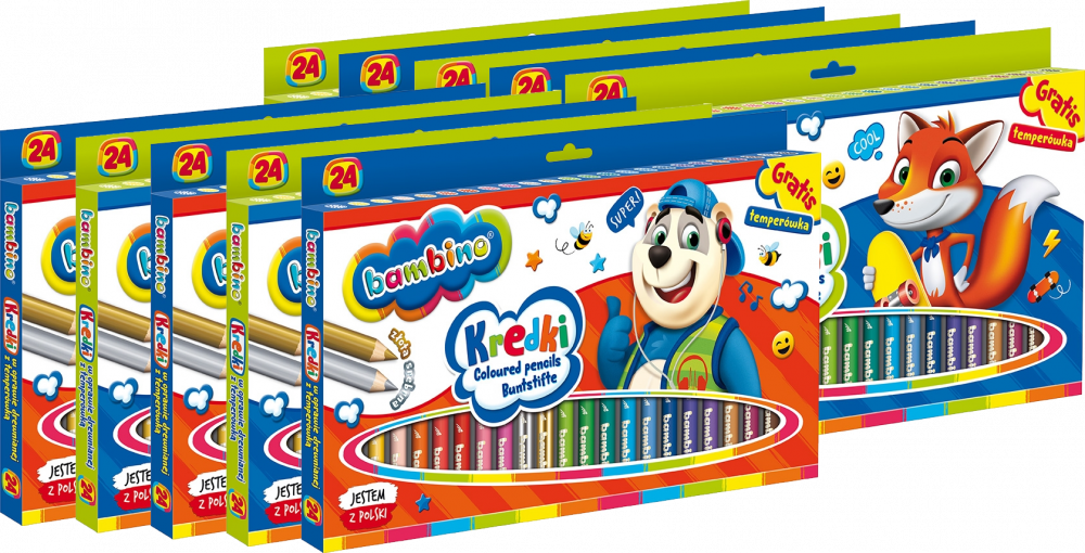 10x Kredki Bambino Zwierzaki Uczniaki, w oprawie drewnianej, 24 sztuki + temperówka, mix kolorów
