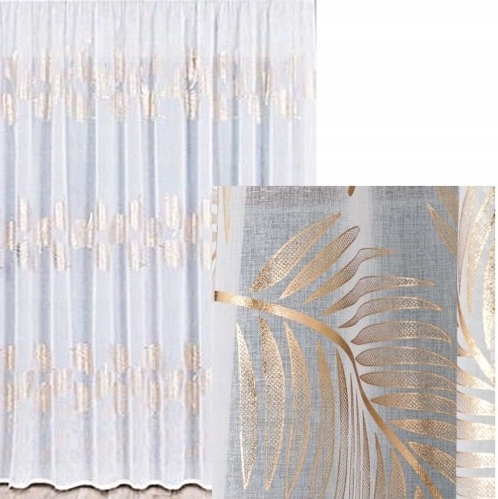 MARIETTA Firana gotowa na taśmie złote liście wys 235x600 cm etamina batyst