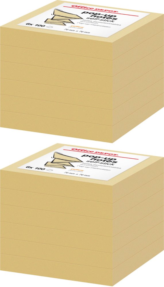 2x Karteczki samoprzylepne Office Depot, harmonijkowe, 76x76mm, 6x100 karteczek, żółty pastelowy
