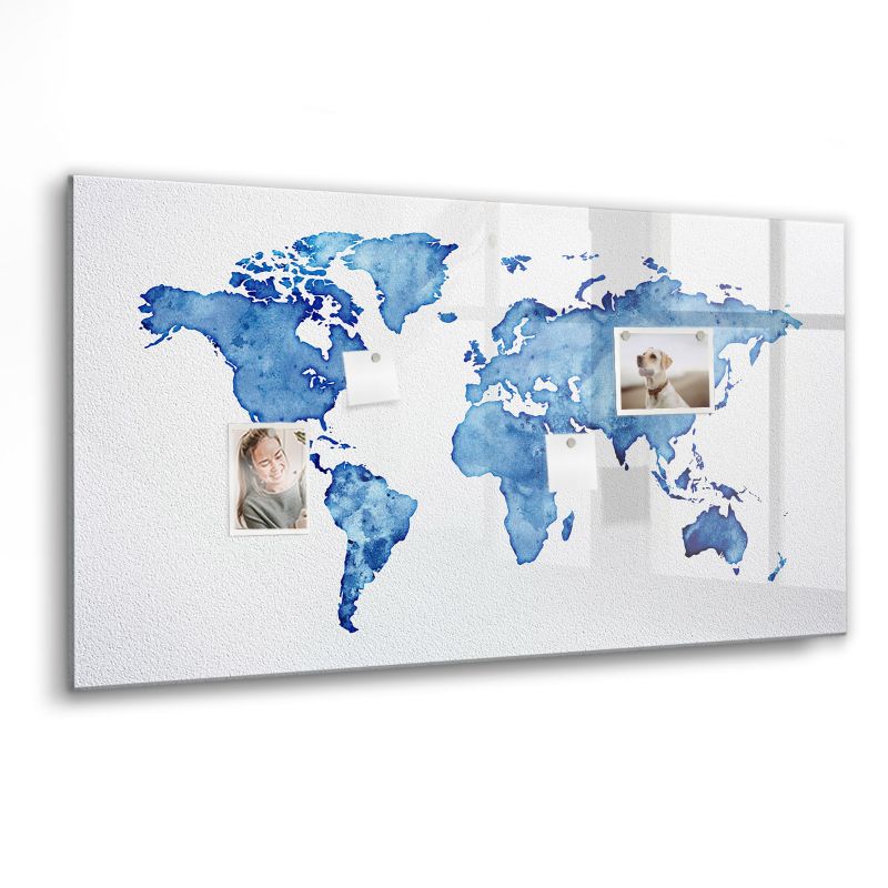 Szklana tablica magnetyczna Wallfluent 120x60 cm Mapa świata akwarele Czarny marker 1 szt.