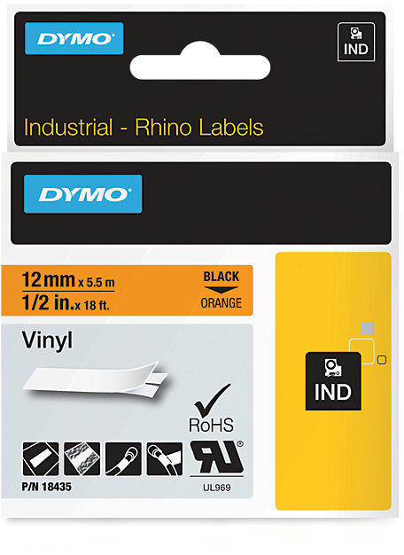 Taśma winylowa Dymo Rhino, 12mmx5.5m, nadruk czarny, taśma pomarańczowa