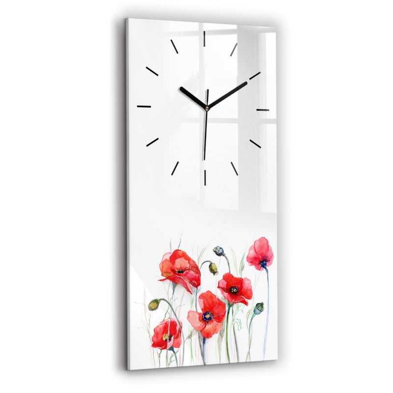 Zegar szklany czarne wskazówki Wallfluent 30x60 cm Malowane czerwone maki 1 szt.