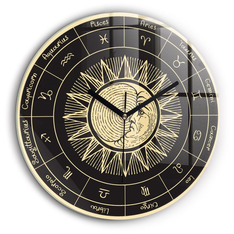 Zegar szklany czarne wskazówki Wallfluent fi60 cm Zodiaki i Słońce 1 szt.