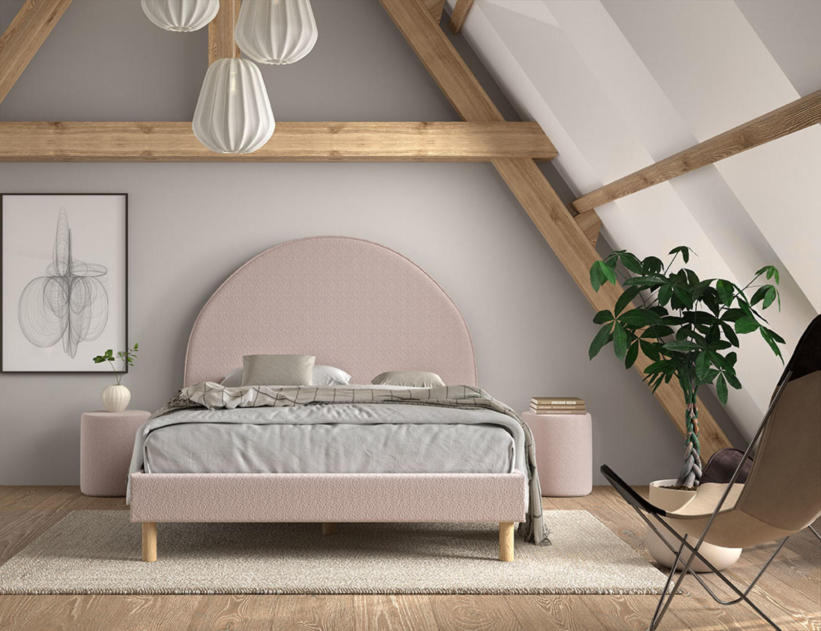 Łóżko tapicerowane z tapicerowanymi stolikami Sun - Puff pink