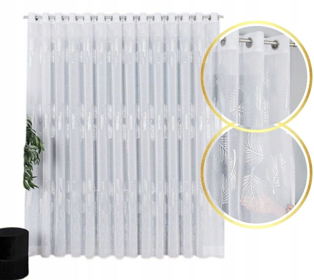 Firana gotowa przelotki srebrne liście wys 255x300 etamina batyst kółka