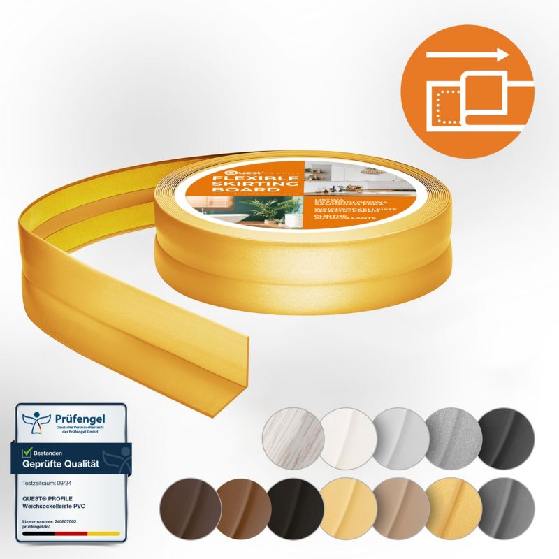 Listwa wykończeniowa PCV 15x15mm, QUEST, samoprzylepna, elastyczna, miękka taśma dekoracyjna, złoty, 5m