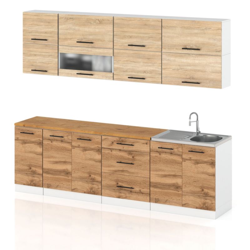 Zestaw Kuchenny Hurtownia-Mebli Z Blatem Kuchnia Robo Lux 260cm Biały Mat Dąb Sonoma/Dąb Wotan 260x52x157 cm 1szt.
