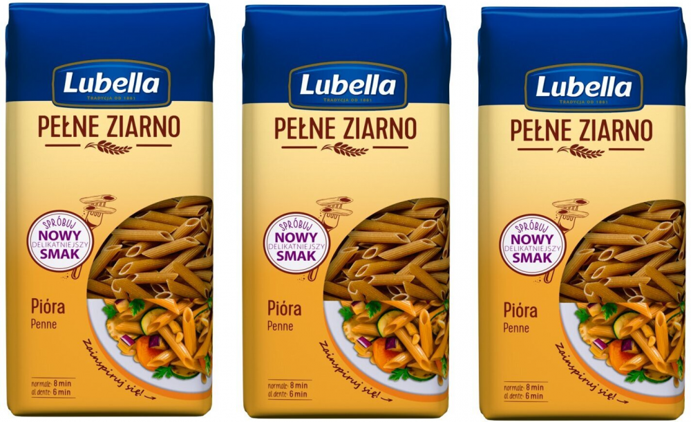 3x makaron pełnoziarnisty Lubella, pióra (penne), 400g