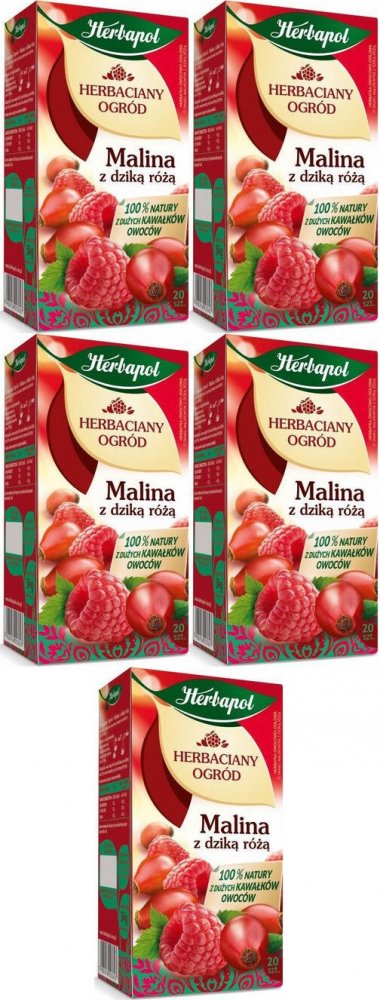 5x Herbata owocowa w torebkach Herbapol Herbaciany Ogród, malina z dziką różą, 20 sztuk x 2,7g