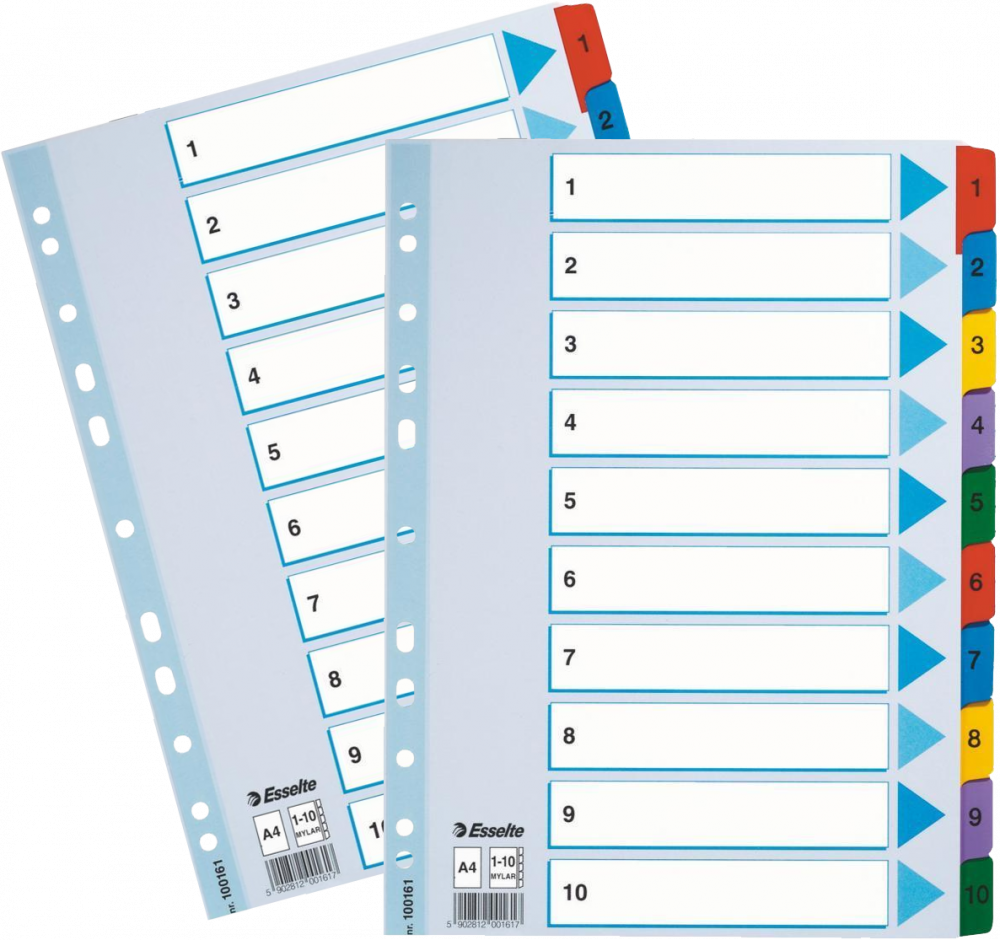 2x Przekładki do segregatora Esselte Mylar, kartonowe, numeryczne, A4, 1-10 kart, mix kolorów