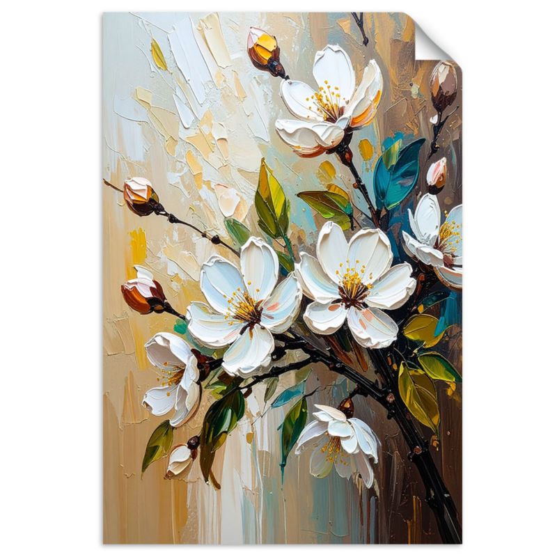 Plakaty samoprzylepne do salonu sypialni Feeby Białe Kwiaty efekt farby olejnej 80x120cm 1szt