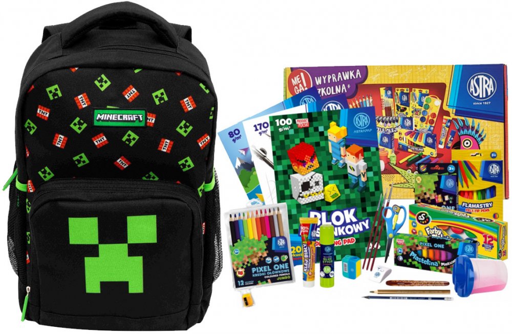 Zestaw: Plecak szkolny Astra Minecraft TNT + wyprawka szkolna dla klas 1-3 Astra Pixel One (L), 21 elementów