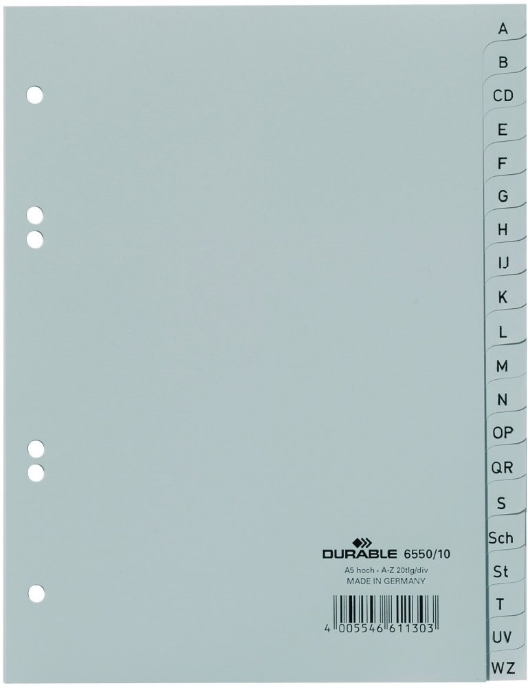 Przekładki do segregatora Donau, plastikowe, alfabetyczne (A-Z), A5, 20 kart, szary