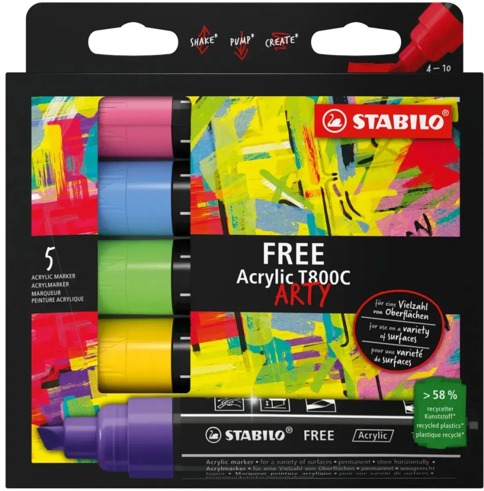 Pisak akrylowy Stabilo Free Acrylic T800C 693/5 Seaside Set, ścięta, 4-10mm, 5 sztuk, mix kolorów