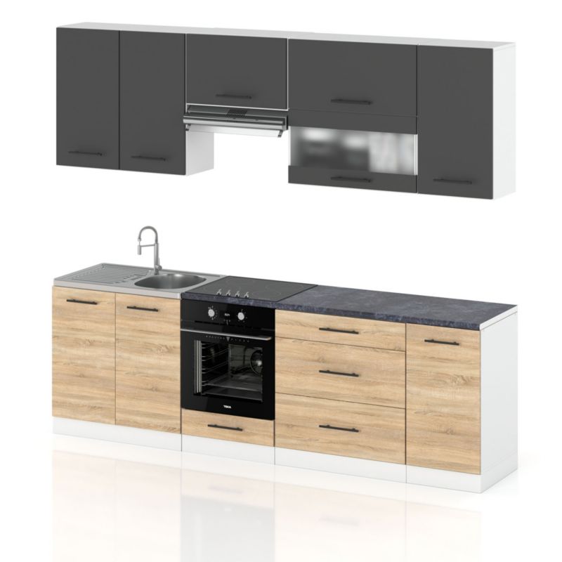 Zestaw Kuchenny Hurtownia-Mebli Z Blatem Kuchnia Marocco 260cm Biały Mat Szary Mat/Dąb Sonoma 260x52x157 cm 1szt.