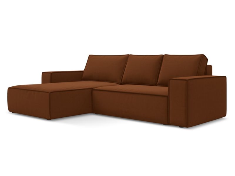 Narożnik lewostronny z funkcją spania Makamii Kimo z tkaniny welwetowej 290x185 cm terakota 1 szt.