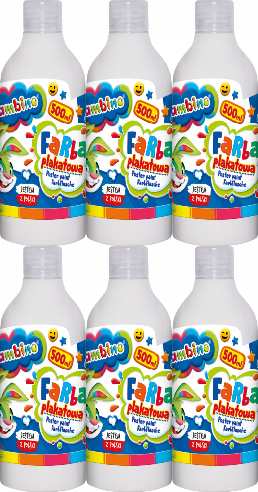 6x Farba plakatowa Bambino Zwierzaki Uczniaki, w butelce, 500ml, biały