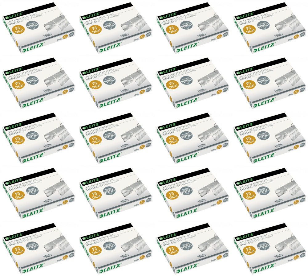 20x Zszywki Leitz galwanizowane, 26/6, 1000 sztuk, srebrny