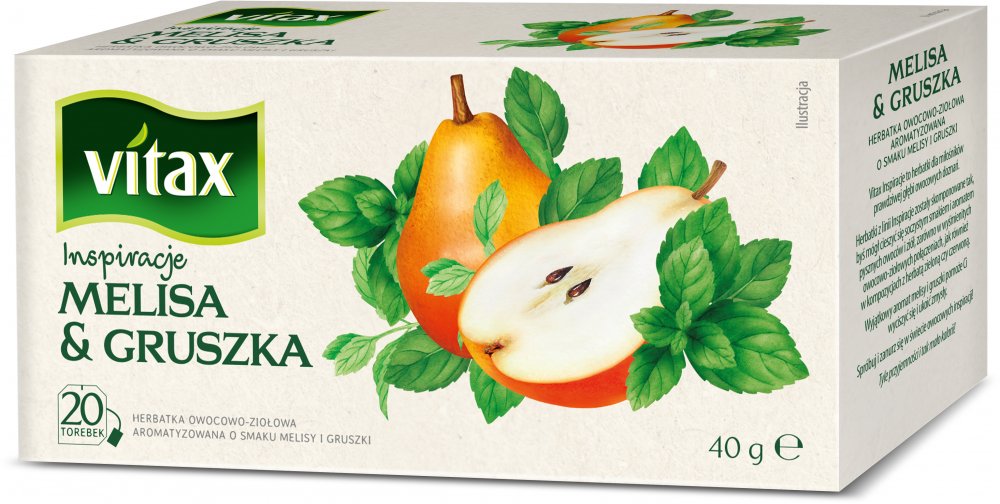 Herbata owocowa w torebkach Vitax Inspirations, melisa i gruszka, 20 sztuk x 2g