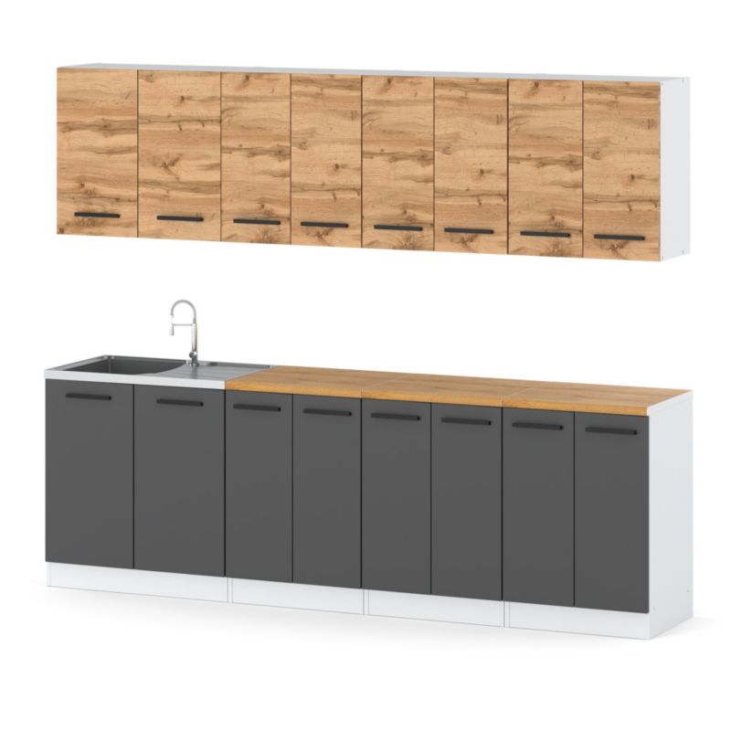 Zestaw Kuchenny Hurtownia-Mebli Z Blatem Kuchnia Vero 260cm Biały Mat Dąb Wotan/Szary Mat 260x47x145 cm 1szt.