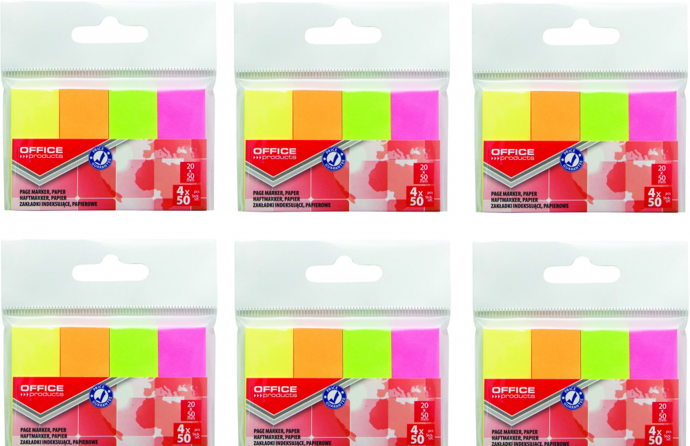 6x zakładki samoprzylepne Office Products, proste, indeksujące , papier, 20x50mm, 4x50 sztuk, mix kolorów neonowych